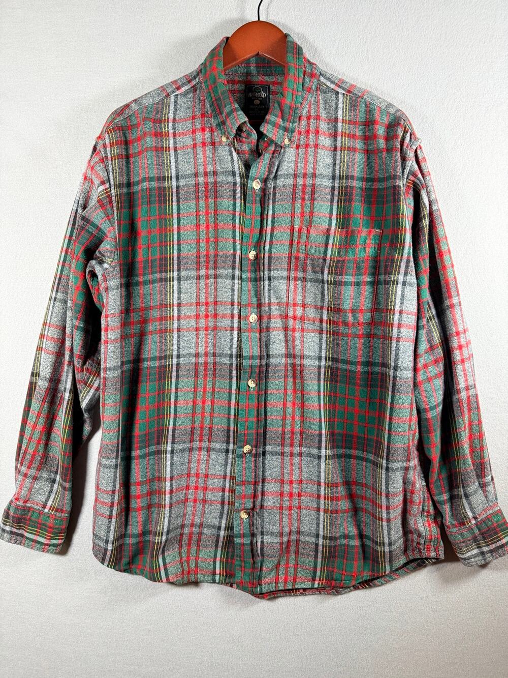 RedHead Mens Large Gray Green Red Plaid Flannel Button Down Shirt Cotton